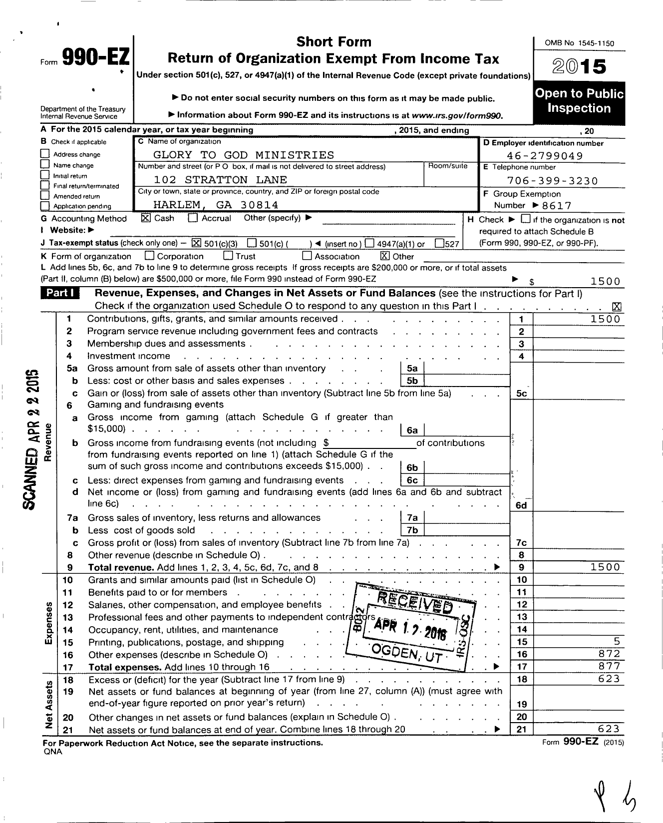 Image of first page of 2015 Form 990EZ for Glory To God Ministries / Worship Ministry