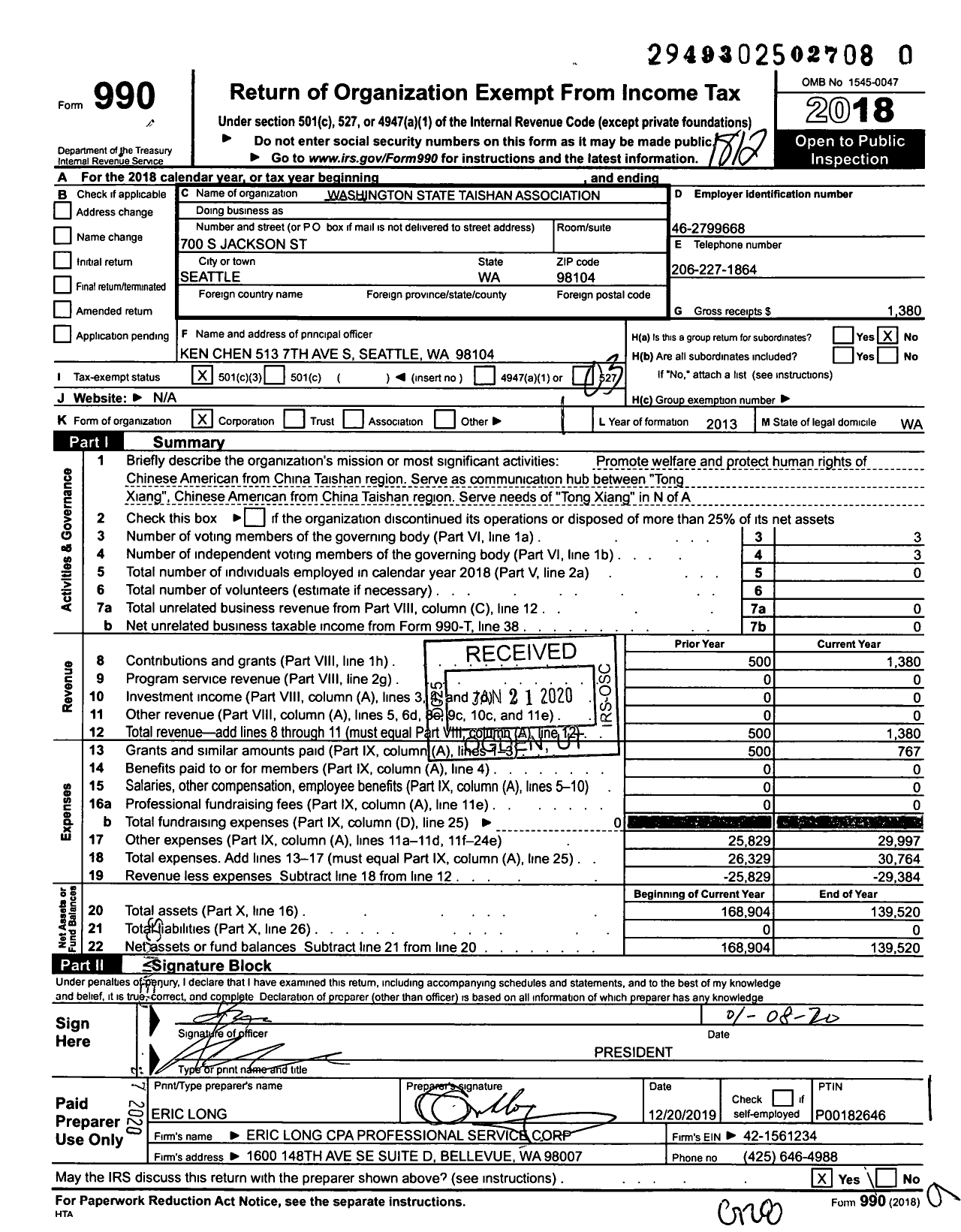 Image of first page of 2018 Form 990 for Washington State Taishan Association