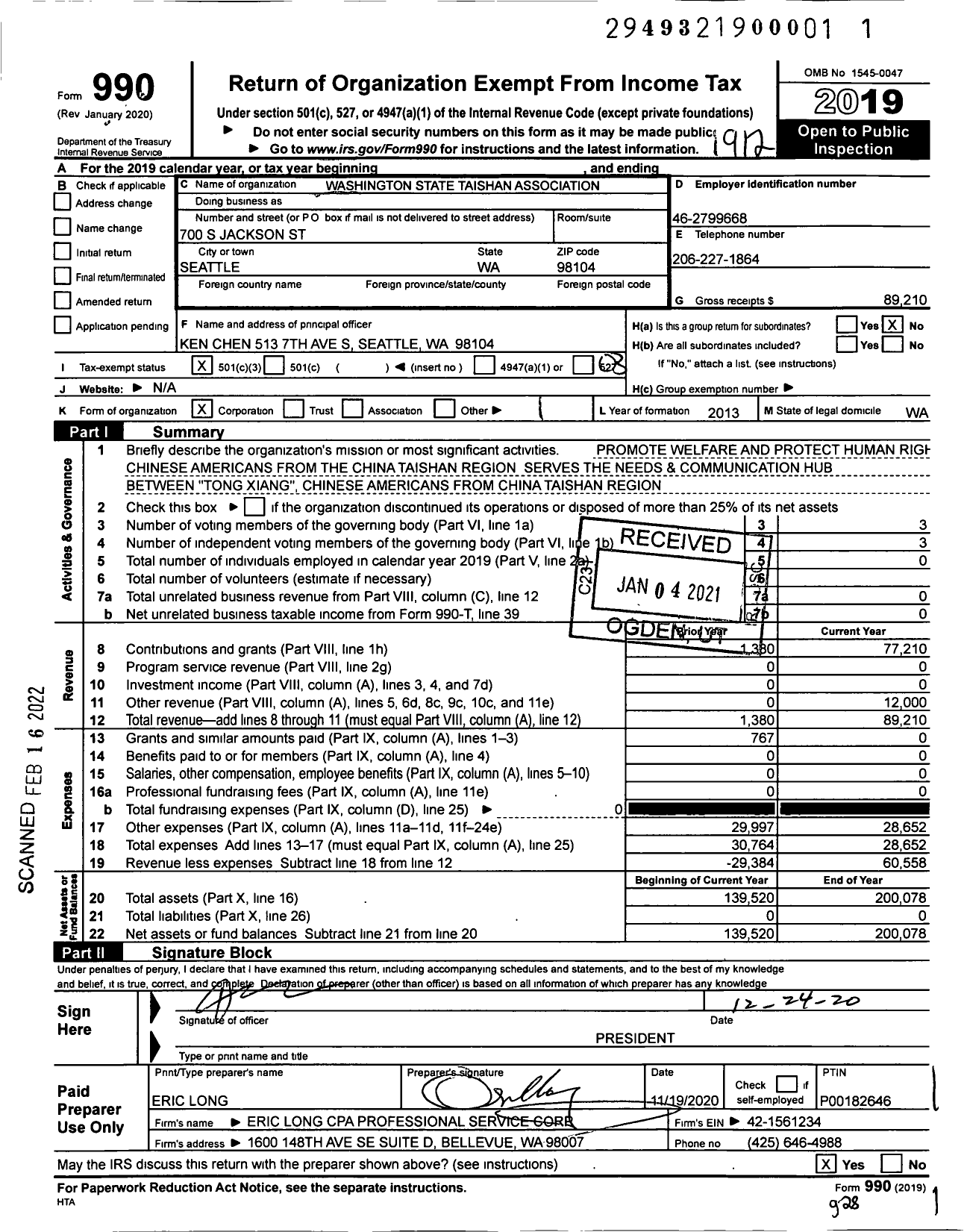 Image of first page of 2019 Form 990 for Washington State Taishan Association