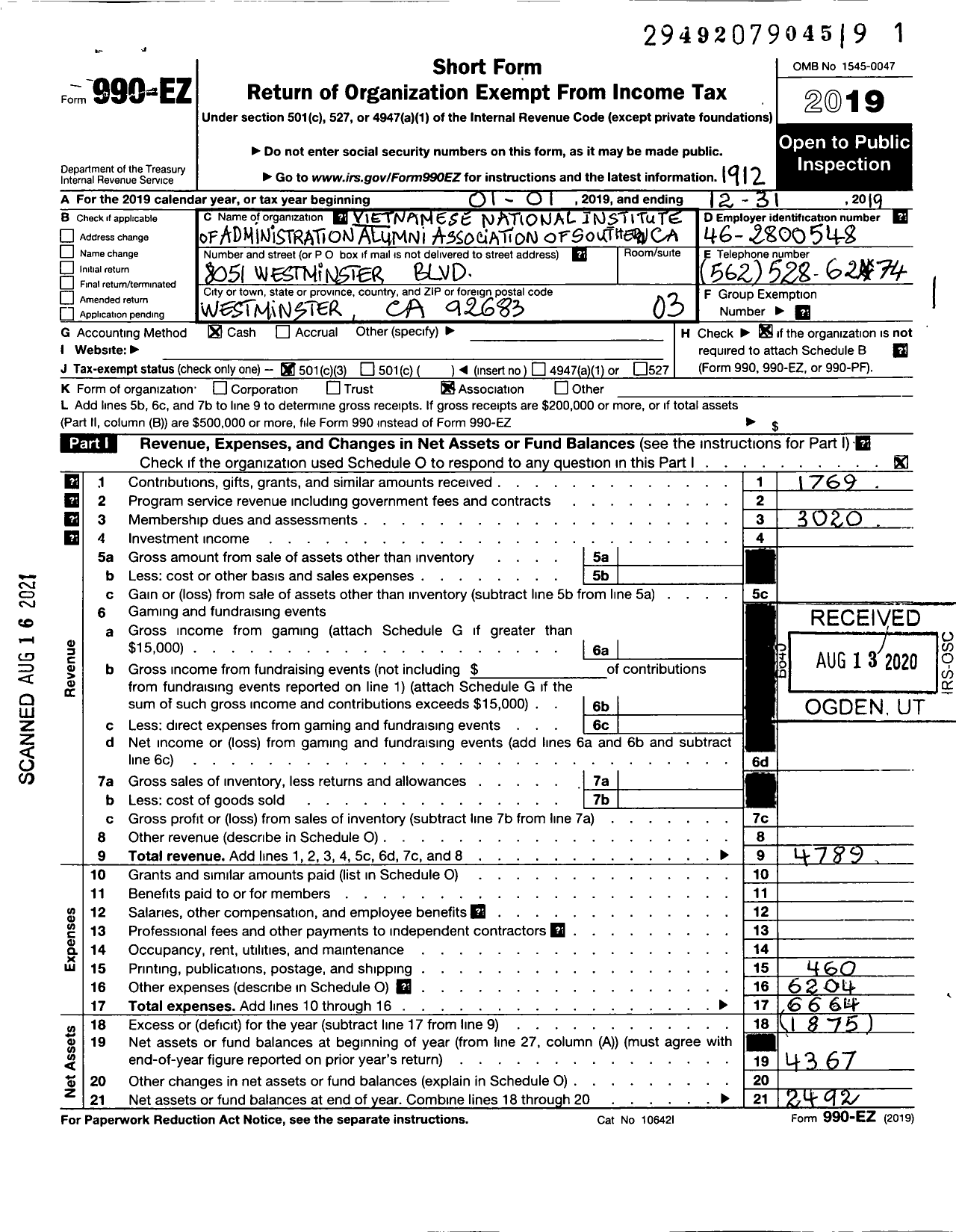 Image of first page of 2019 Form 990EZ for Vietnamese Nationl Inst of Administratn Alumni Association of So Ca