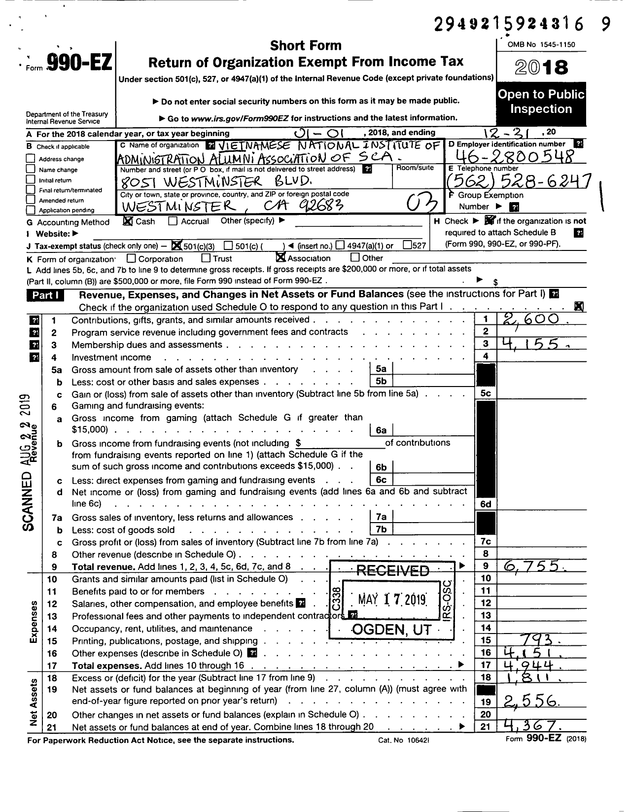 Image of first page of 2018 Form 990EZ for Vietnamese Nationl Inst of Administratn Alumni Association of So Ca
