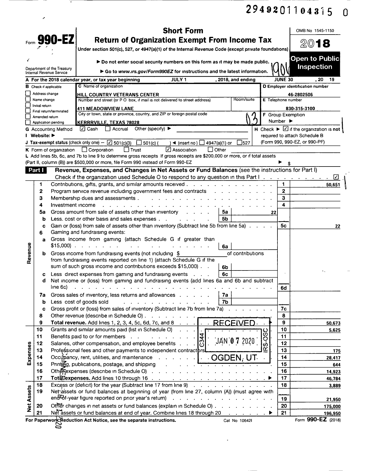 Image of first page of 2018 Form 990EZ for Hill Country Veterans Center