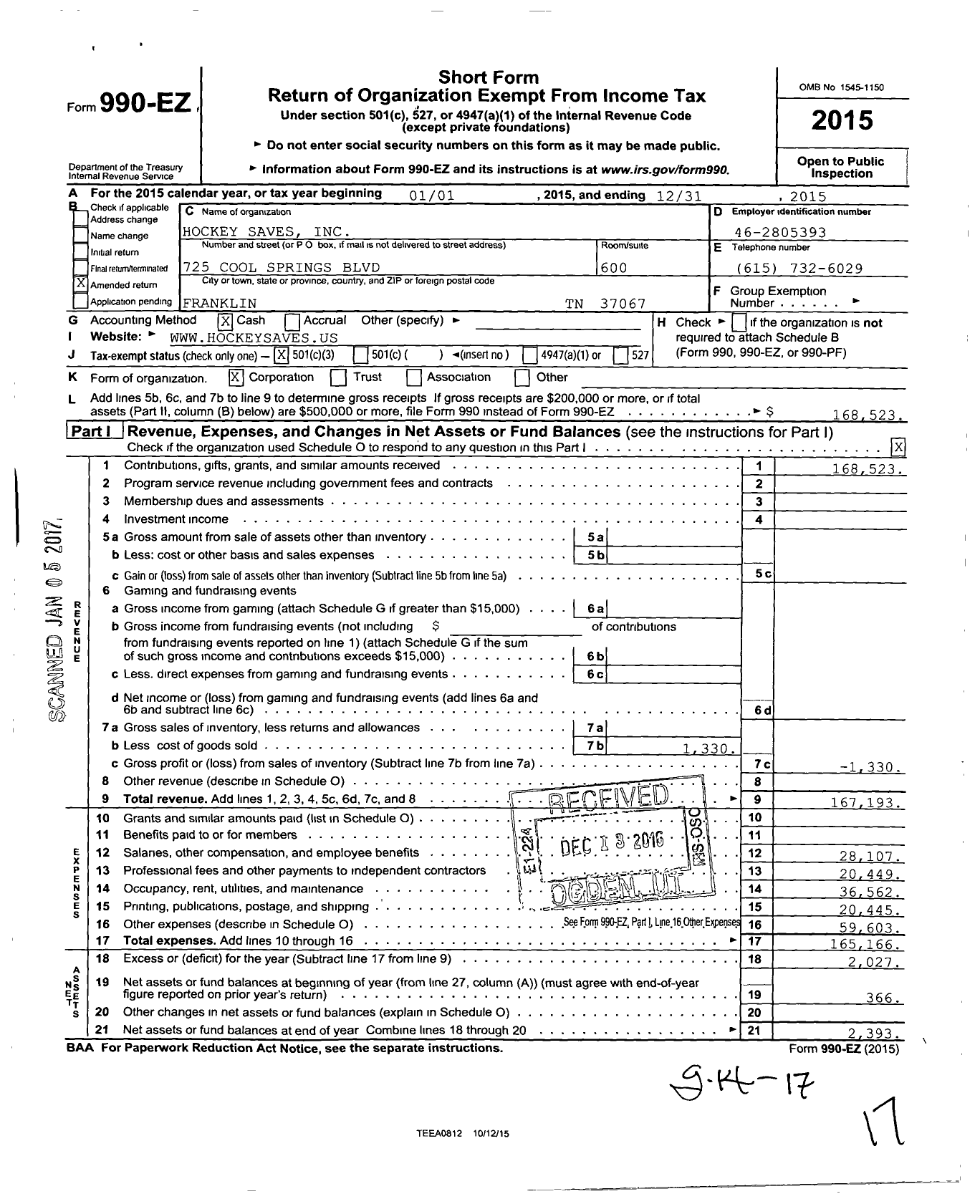 Image of first page of 2015 Form 990EZ for Hockey Saves