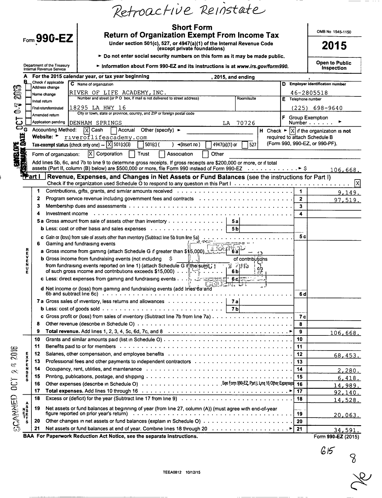 Image of first page of 2015 Form 990EZ for River of Life Academy