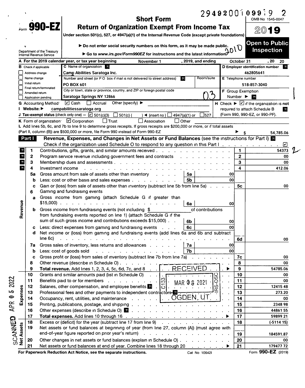 Image of first page of 2019 Form 990EZ for Camp Abilities Saratoga