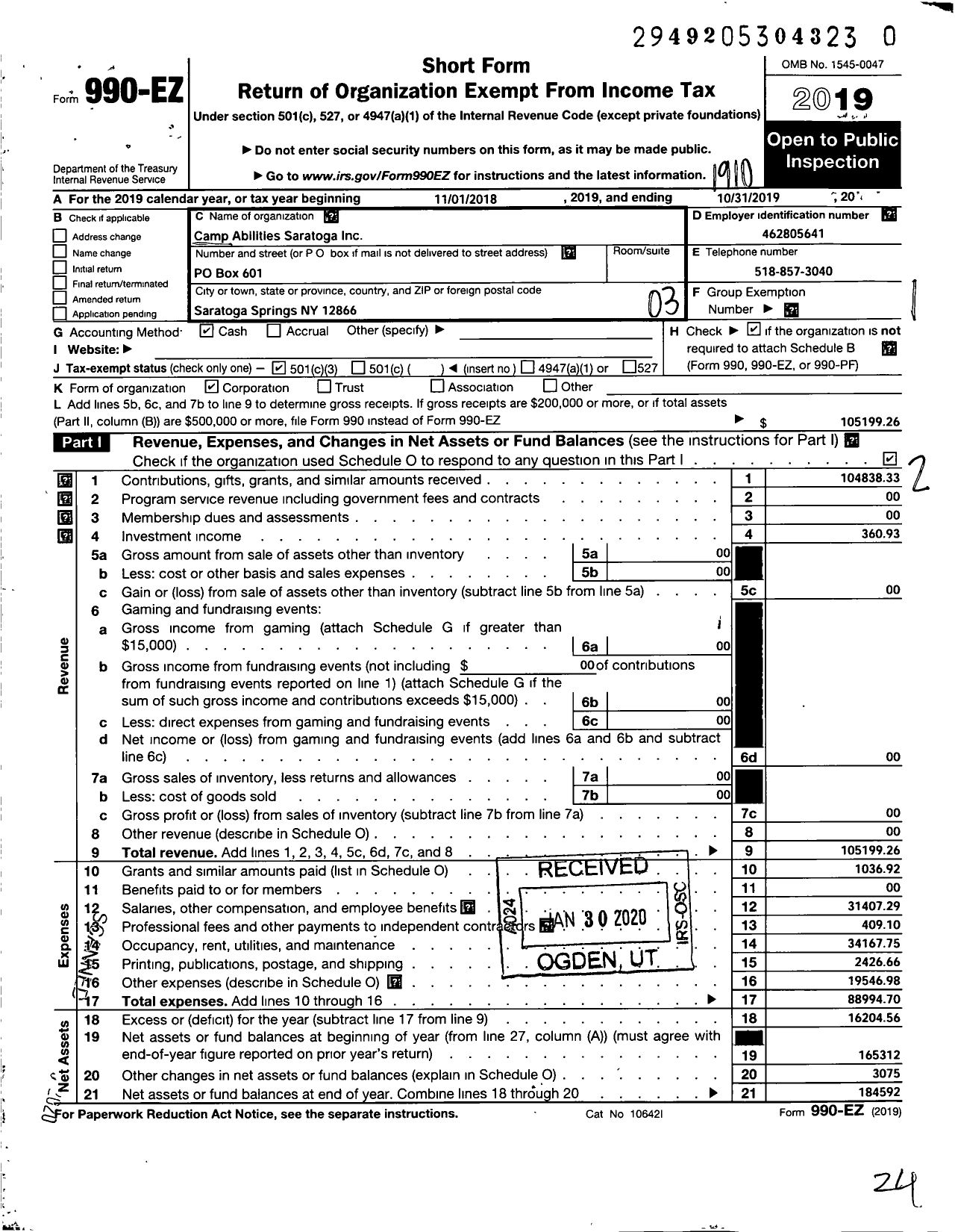 Image of first page of 2018 Form 990EZ for Camp Abilities Saratoga