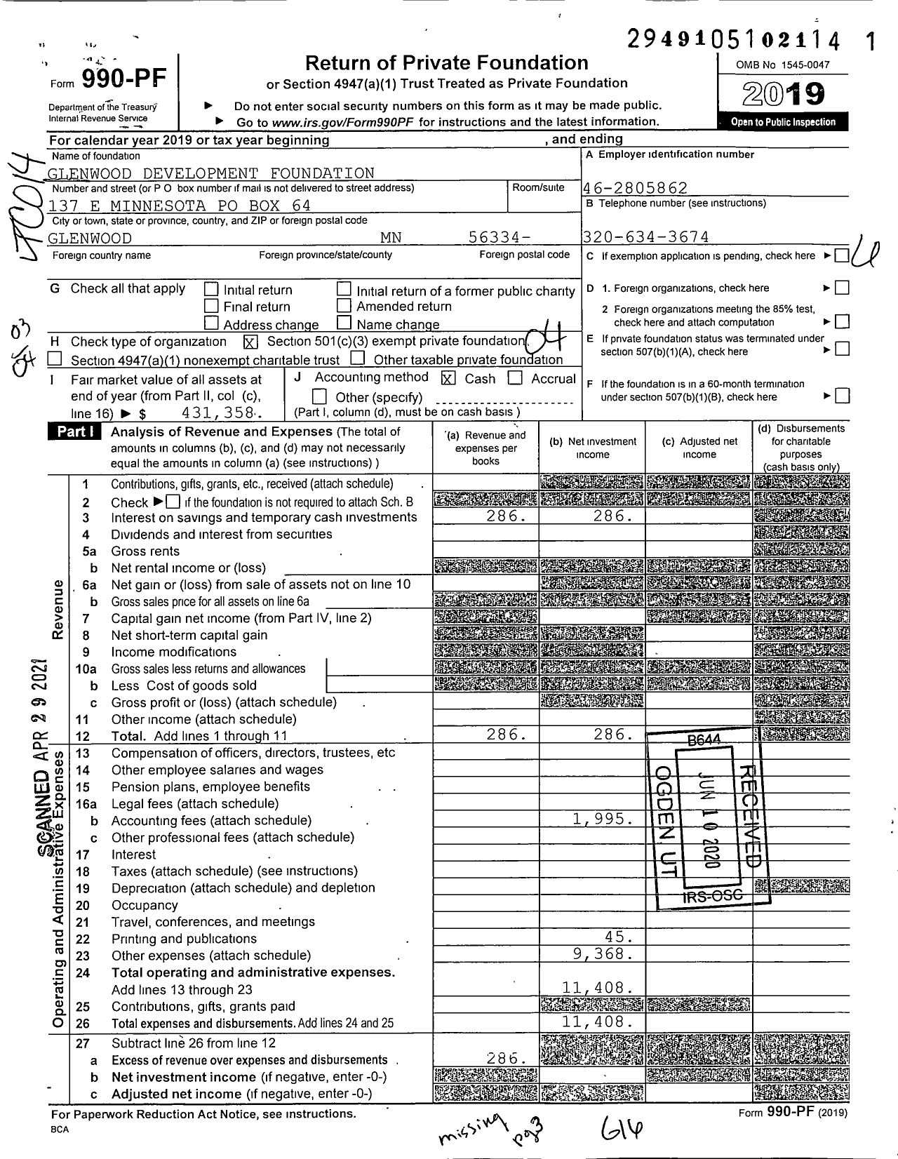 Image of first page of 2019 Form 990PF for Glenwood Development Foundation