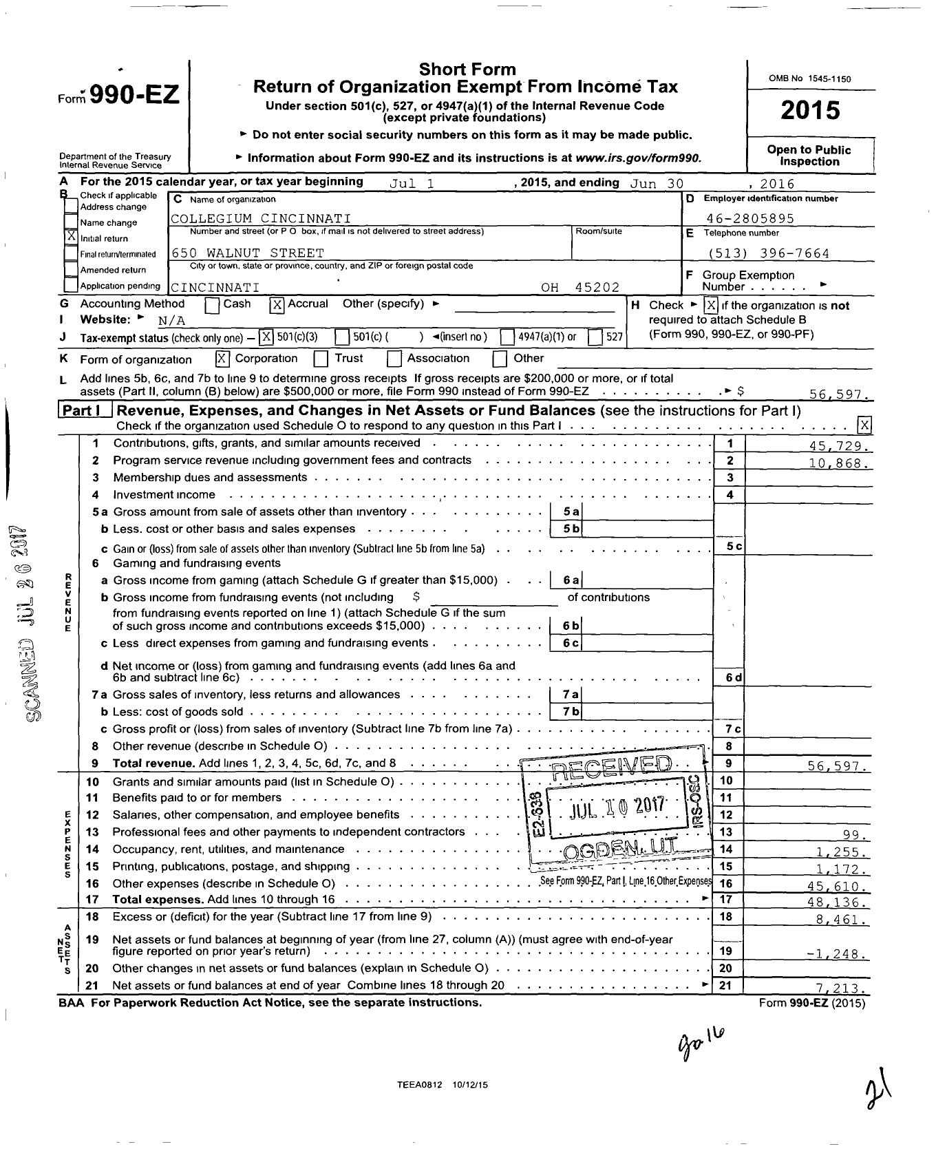 Image of first page of 2015 Form 990EZ for Collegium Cincinnati