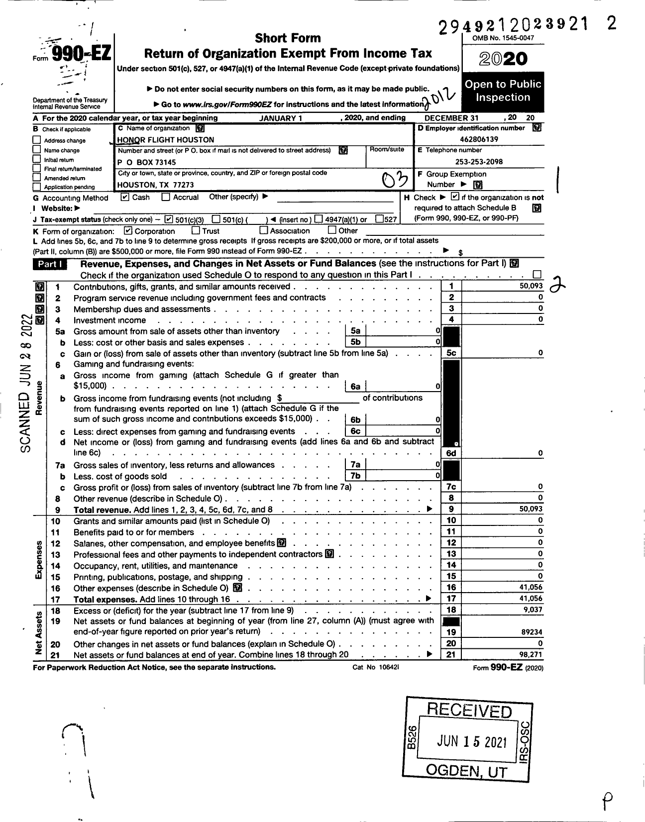 Image of first page of 2020 Form 990EZ for Honor Flight Houston