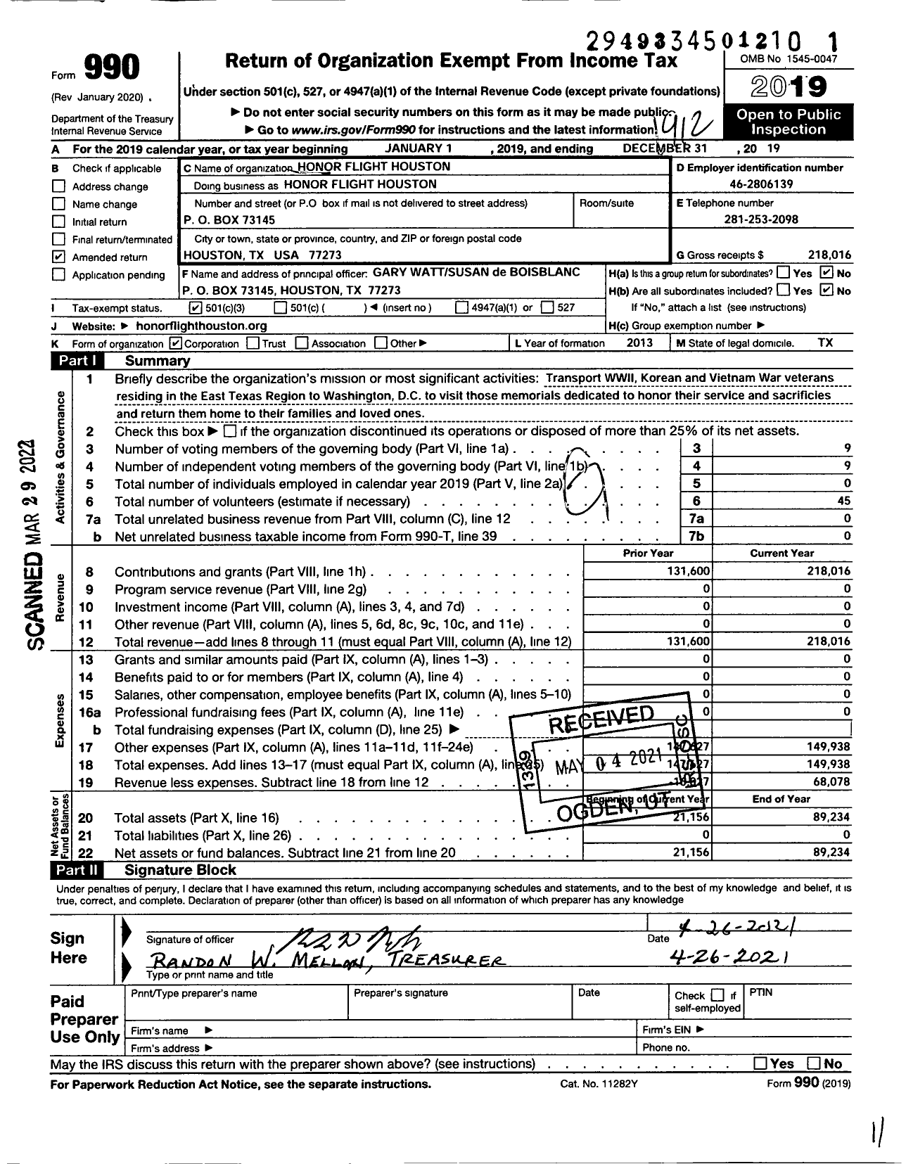 Image of first page of 2019 Form 990 for Honor Flight Houston