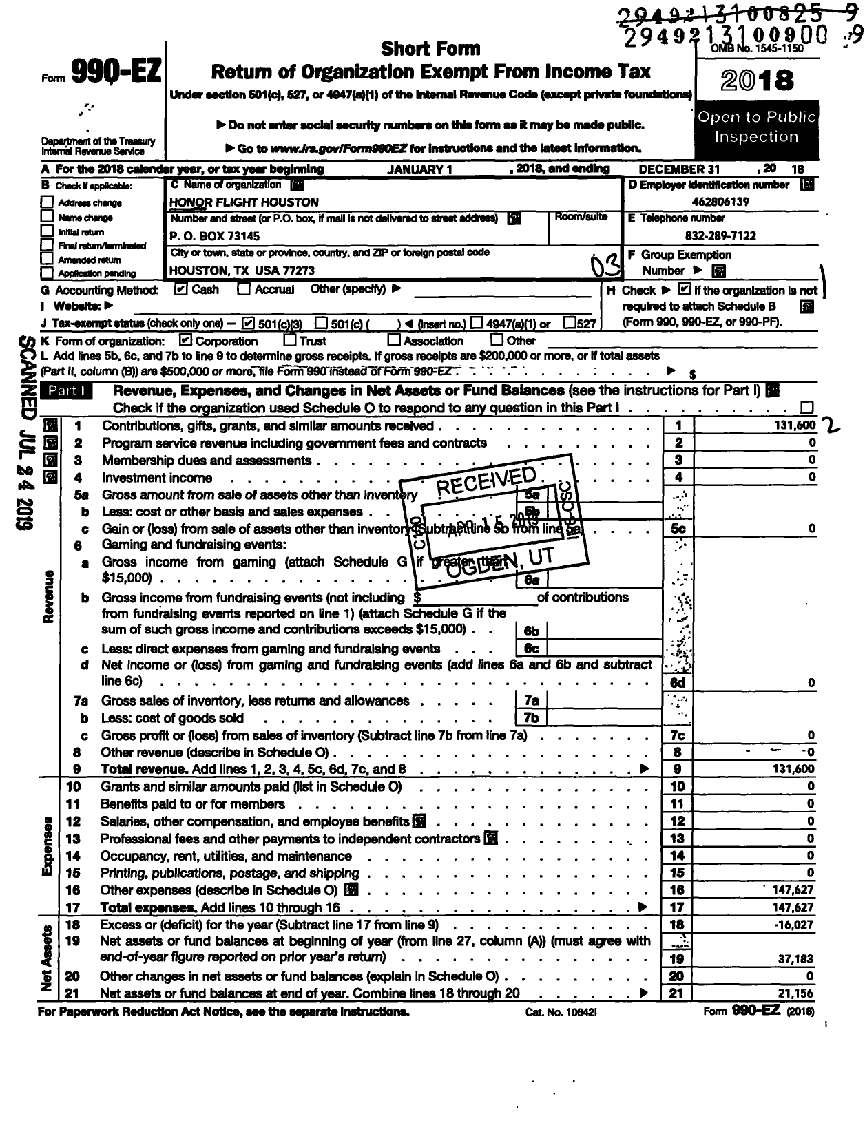 Image of first page of 2018 Form 990EZ for Honor Flight Houston