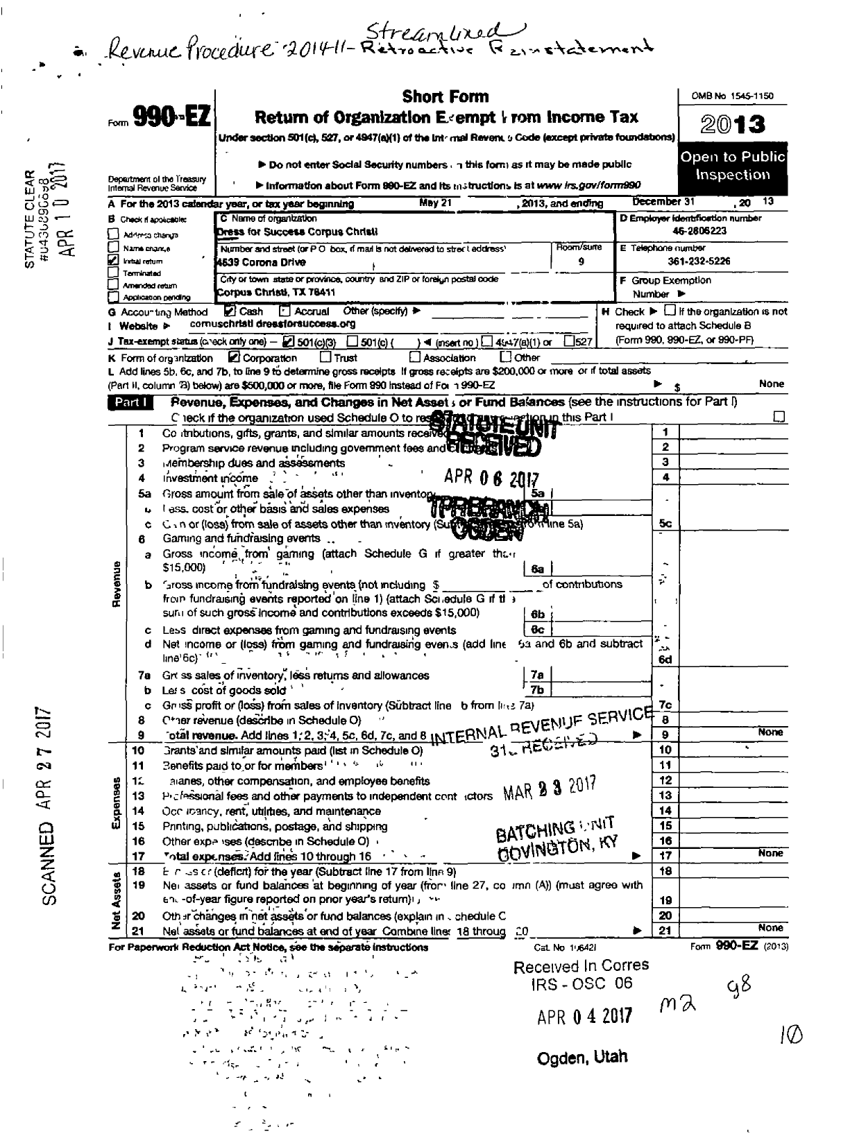 Image of first page of 2013 Form 990EZ for Dress for Success Corpus Christi