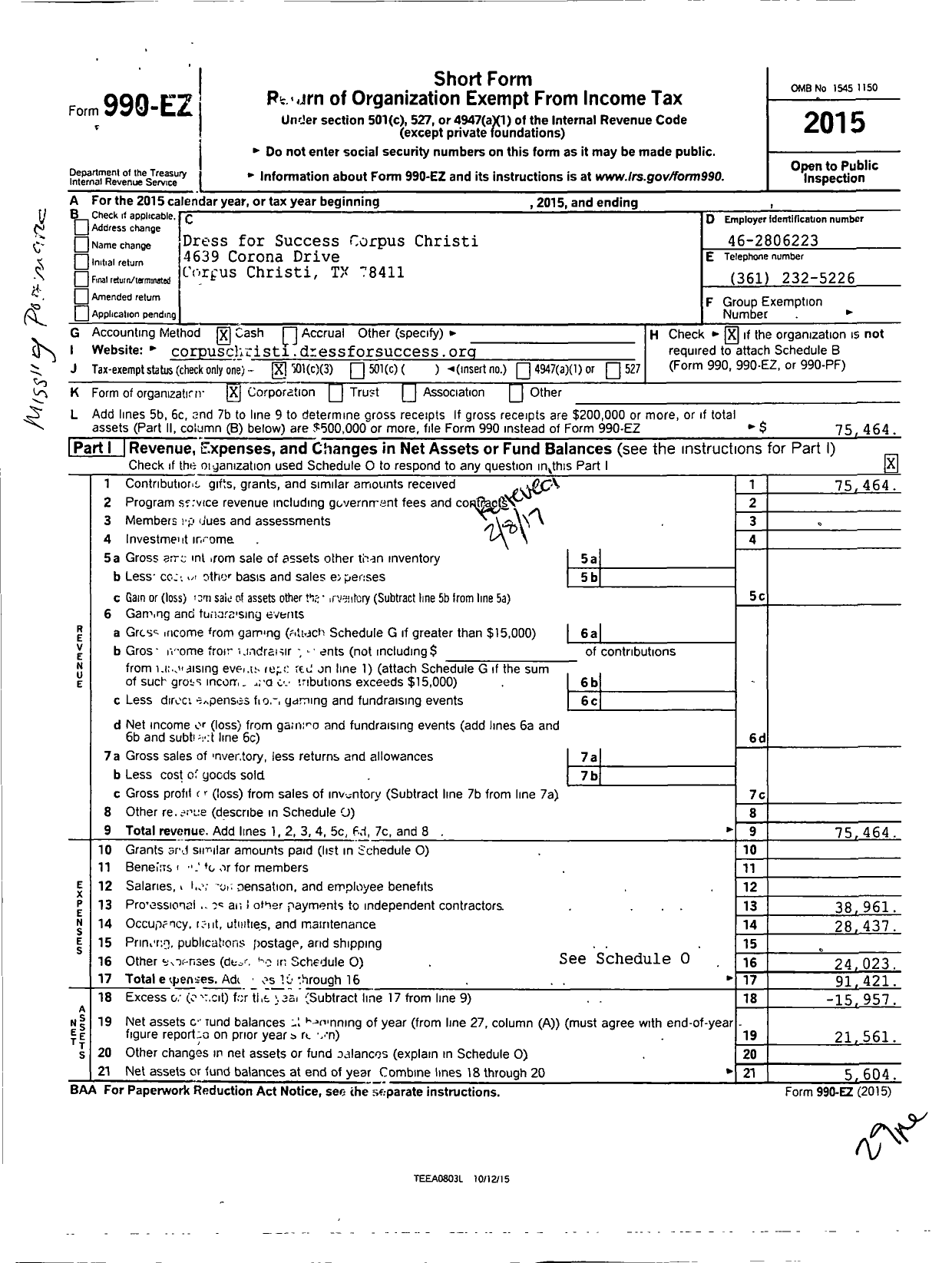 Image of first page of 2015 Form 990EZ for Dress for Success Corpus Christi