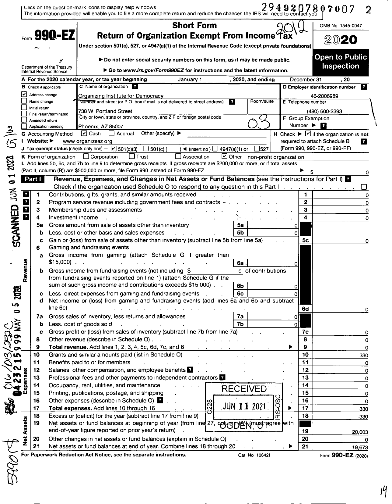 Image of first page of 2020 Form 990EZ for Organizing Institute for Democracy