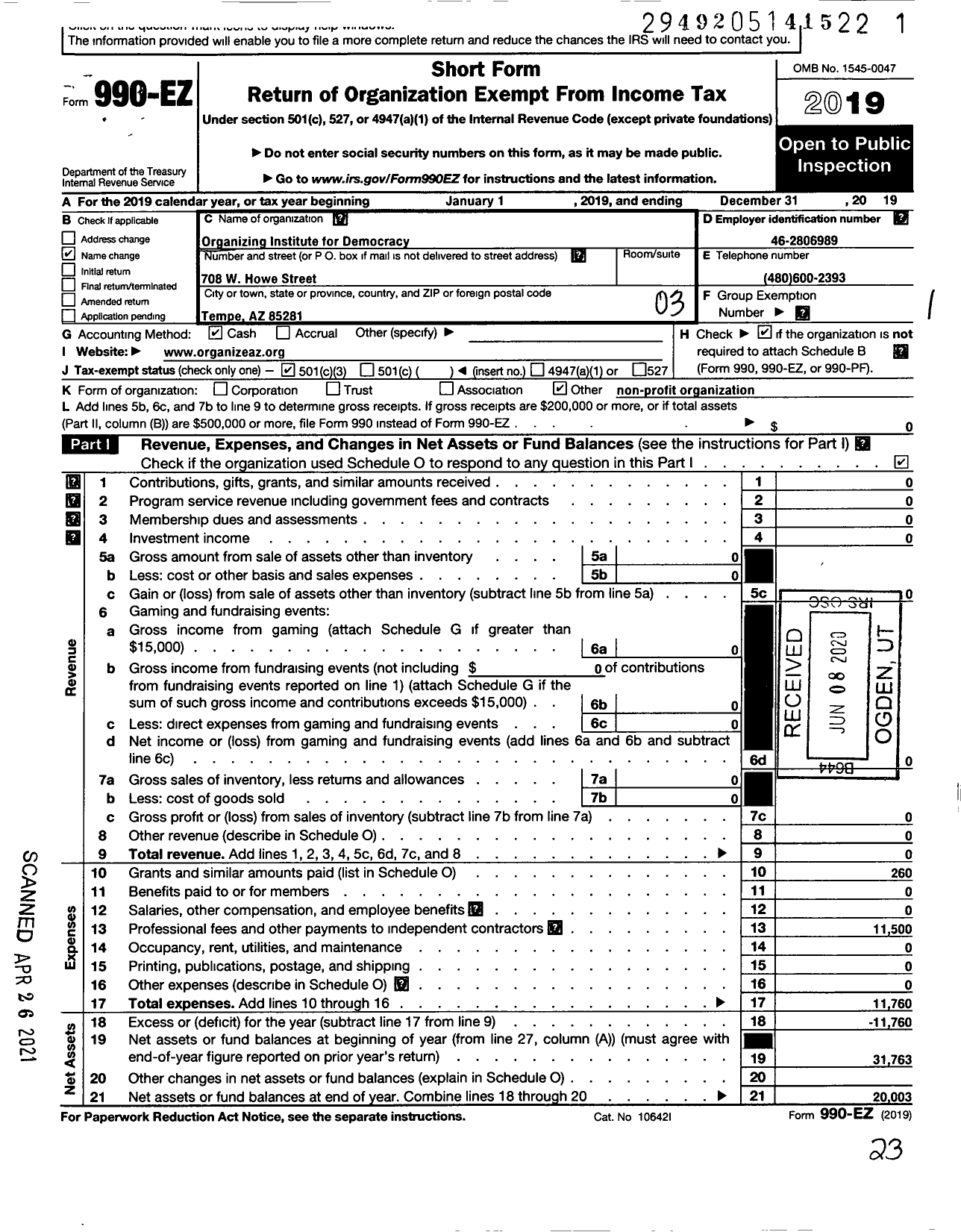 Image of first page of 2019 Form 990EZ for Organizing Institute for Democracy