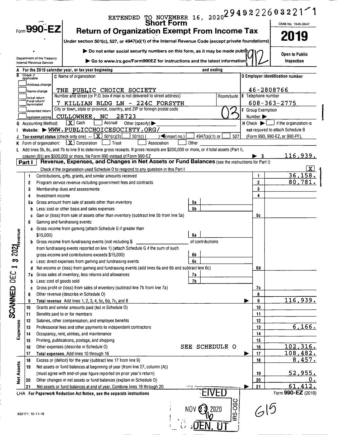 Image of first page of 2019 Form 990EZ for The Public Choice Society