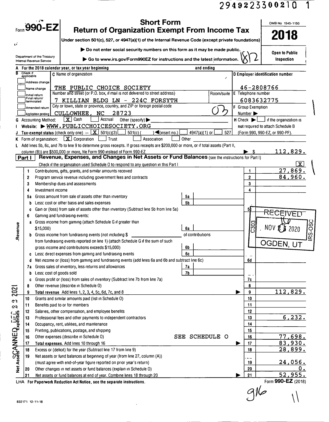 Image of first page of 2018 Form 990EZ for The Public Choice Society