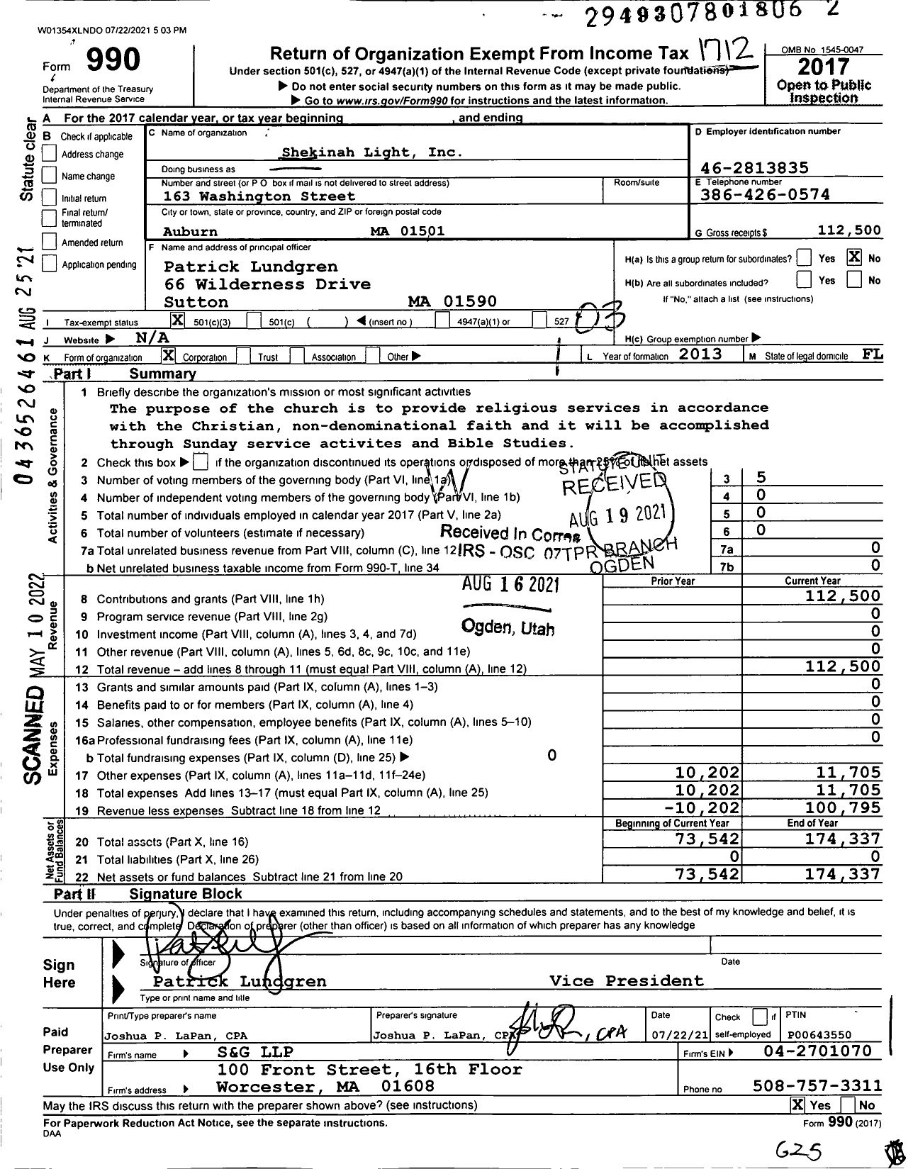 Image of first page of 2017 Form 990 for Shekinah Light