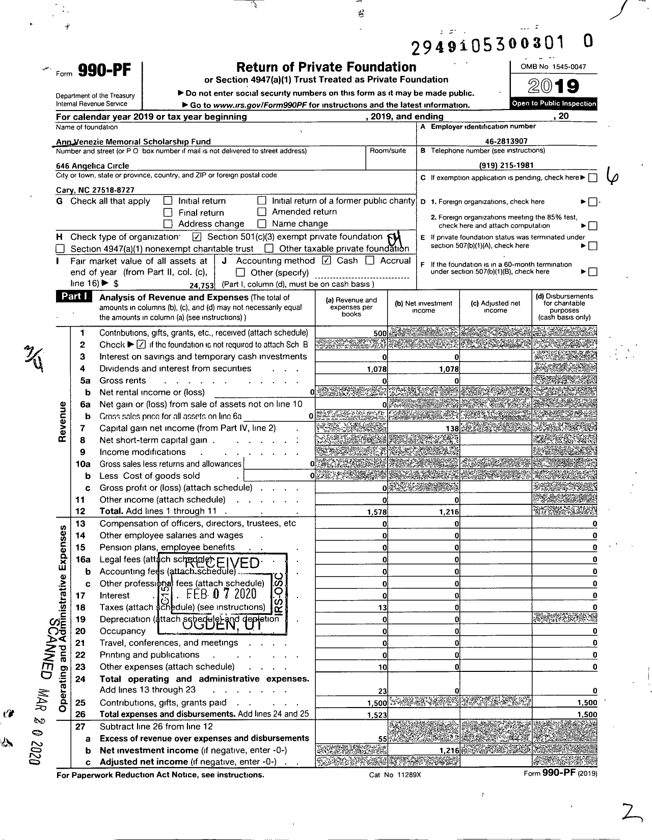 Image of first page of 2019 Form 990PR for Ann Venezie Memorial Scholarship Fund