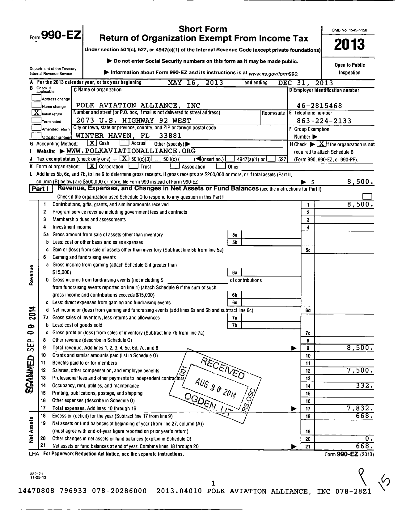 Image of first page of 2013 Form 990EZ for Polk Aviation Alliance