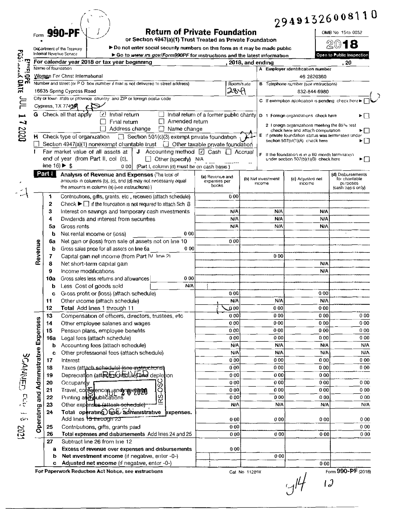 Image of first page of 2018 Form 990PF for Women for Christ International