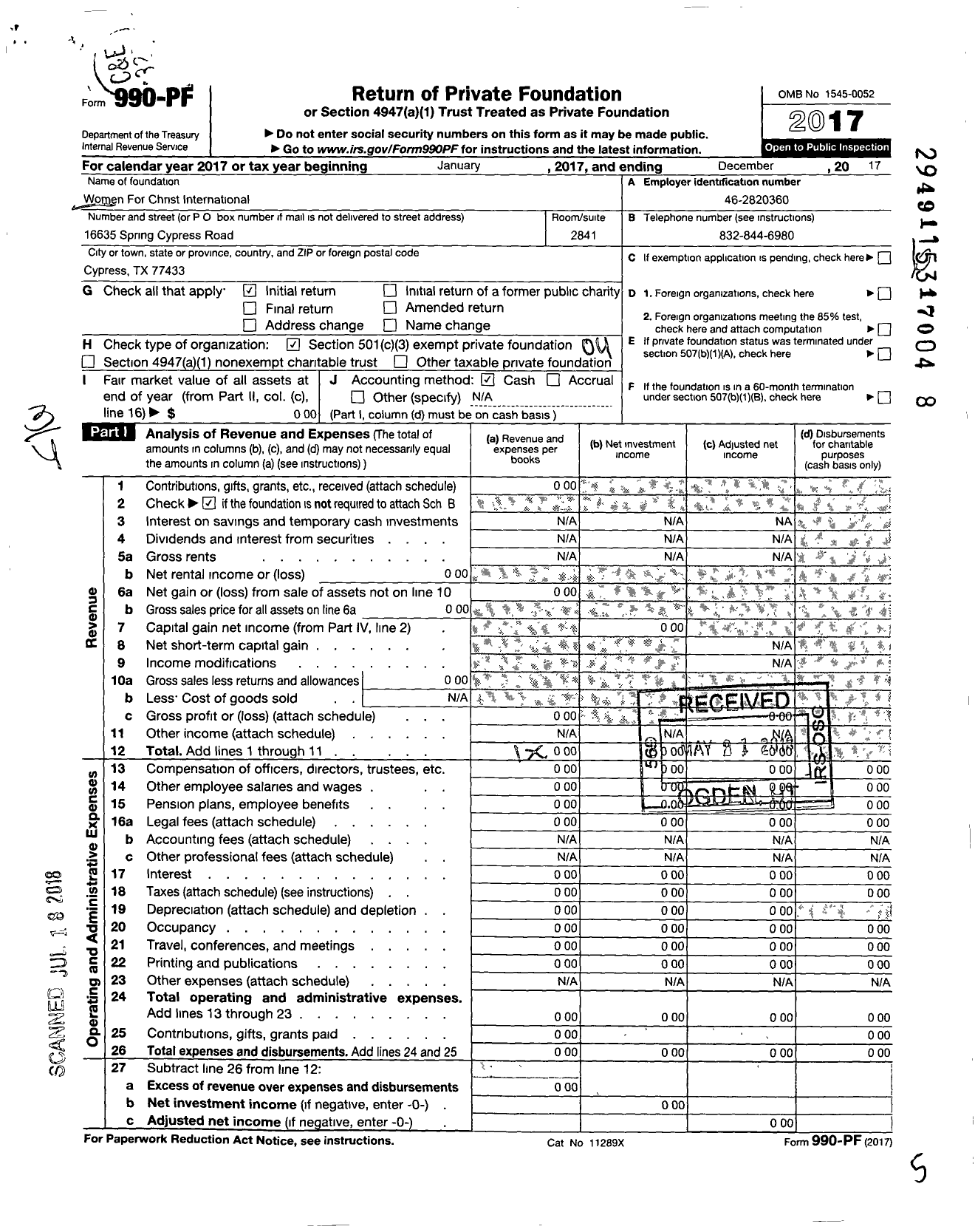 Image of first page of 2017 Form 990PF for Women for Christ International