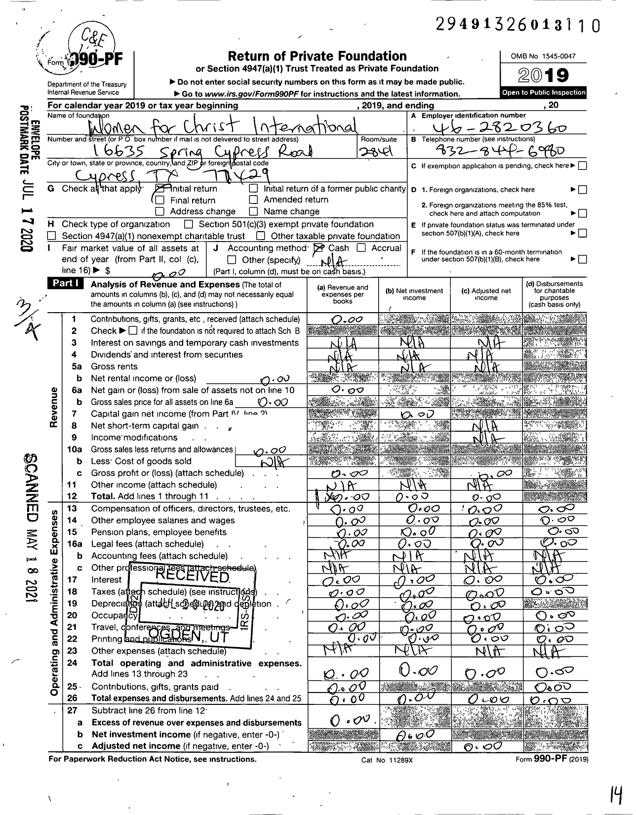 Image of first page of 2019 Form 990PF for Women for Christ International