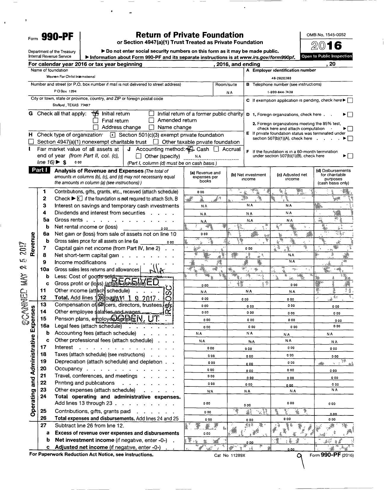 Image of first page of 2016 Form 990PF for Women for Christ International
