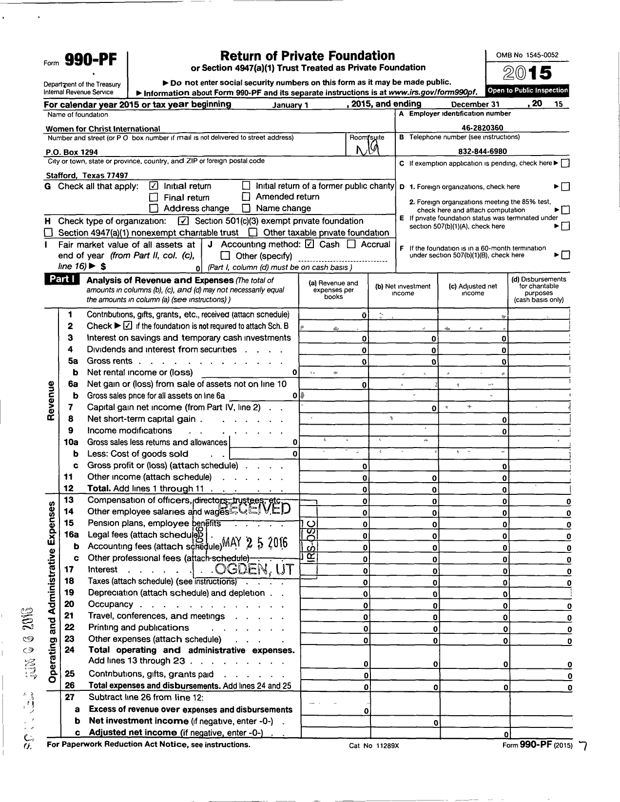Image of first page of 2015 Form 990PF for Women for Christ International