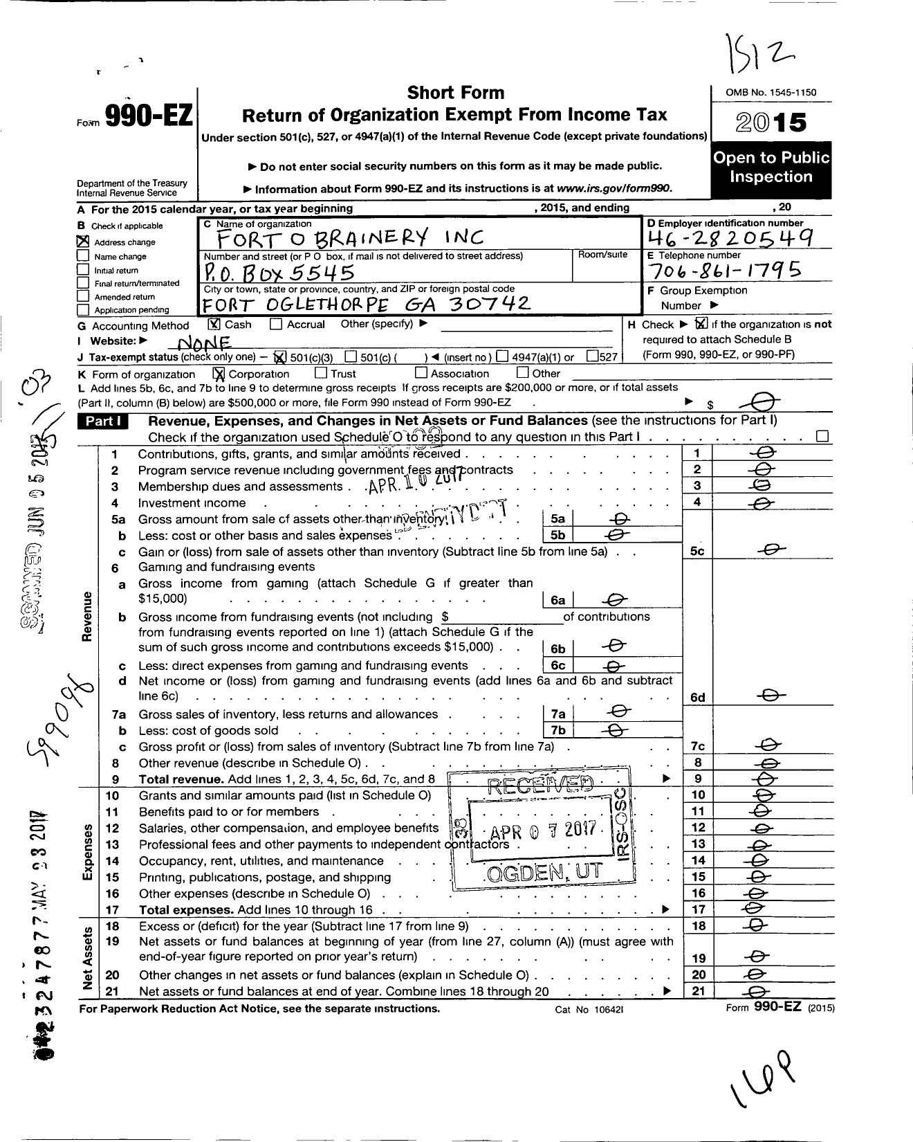 Image of first page of 2015 Form 990EZ for Fort O Brainery