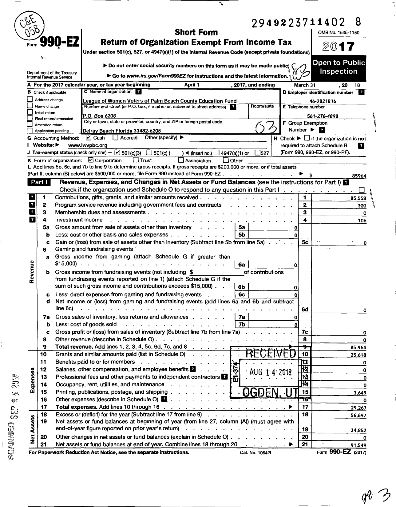 Image of first page of 2017 Form 990EZ for League of Women Voters of Palm Beach County Education Fund