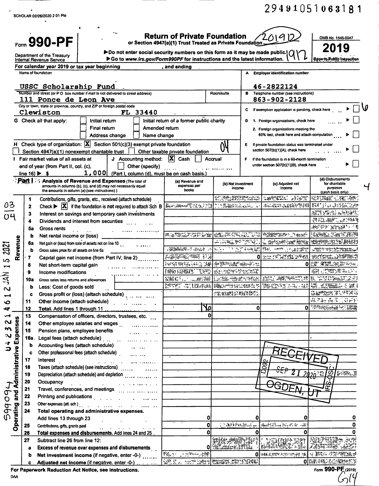 Image of first page of 2019 Form 990PF for Ussc Scholarship Fund