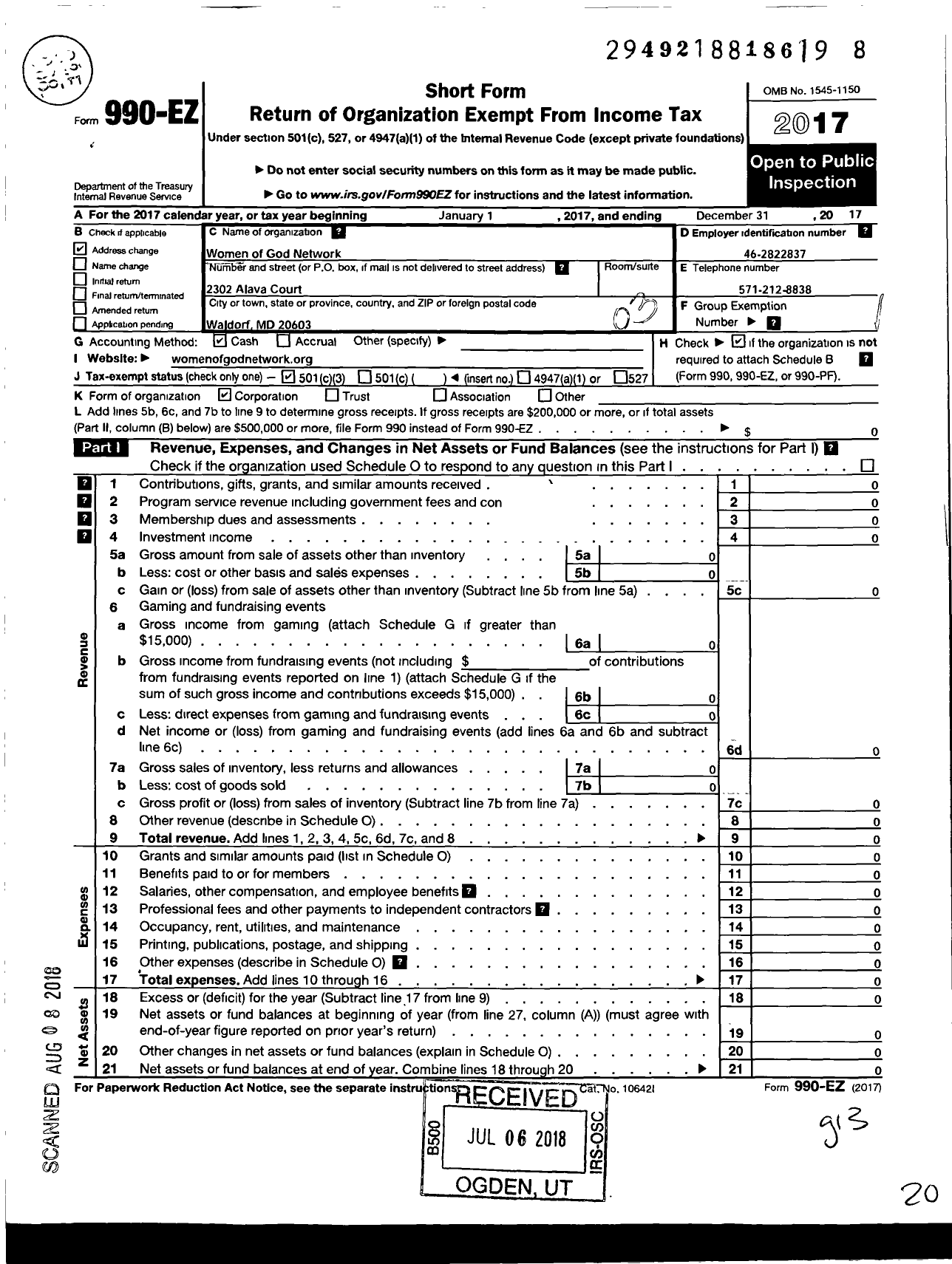 Image of first page of 2017 Form 990 for Women of God Network