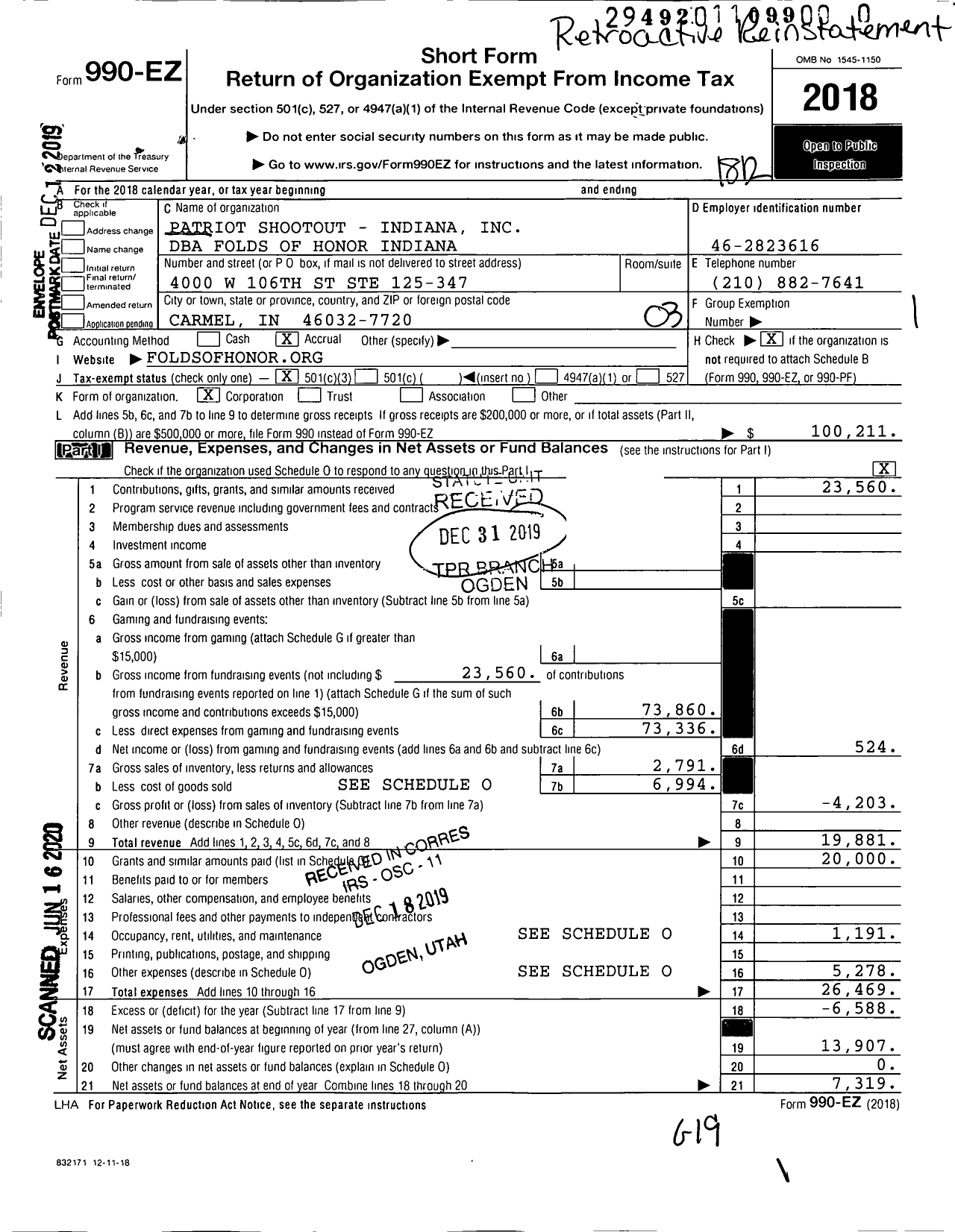 Image of first page of 2018 Form 990EZ for Folds of Honor Indiana