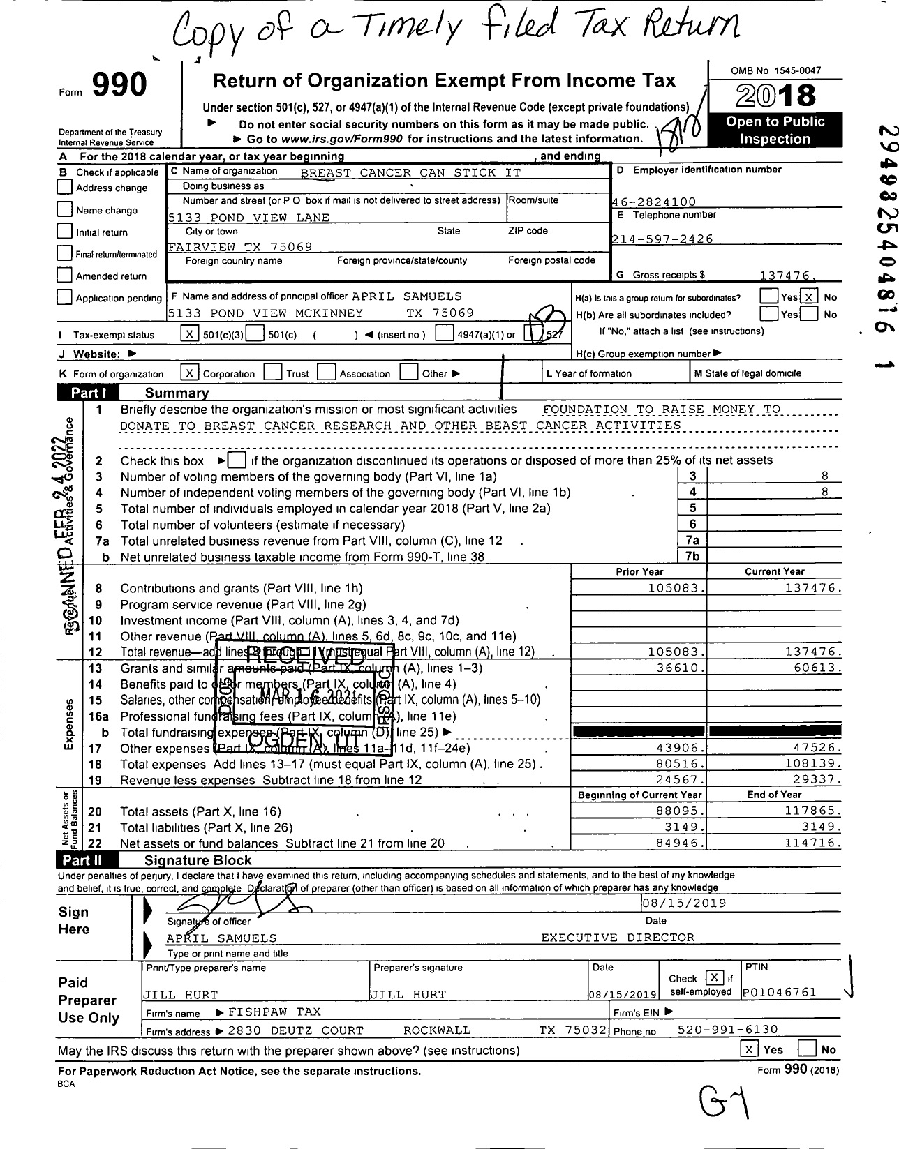 Image of first page of 2018 Form 990 for Breast Cancer Can Stick It Foundation