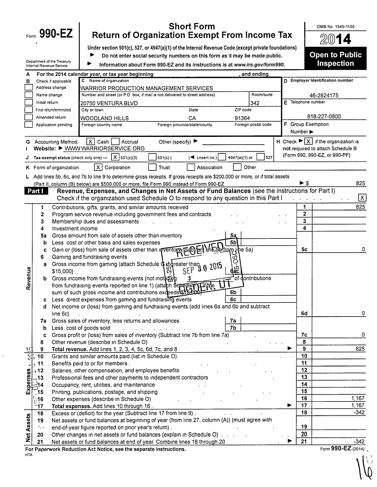 Image of first page of 2014 Form 990EZ for Warrior Production Management Services