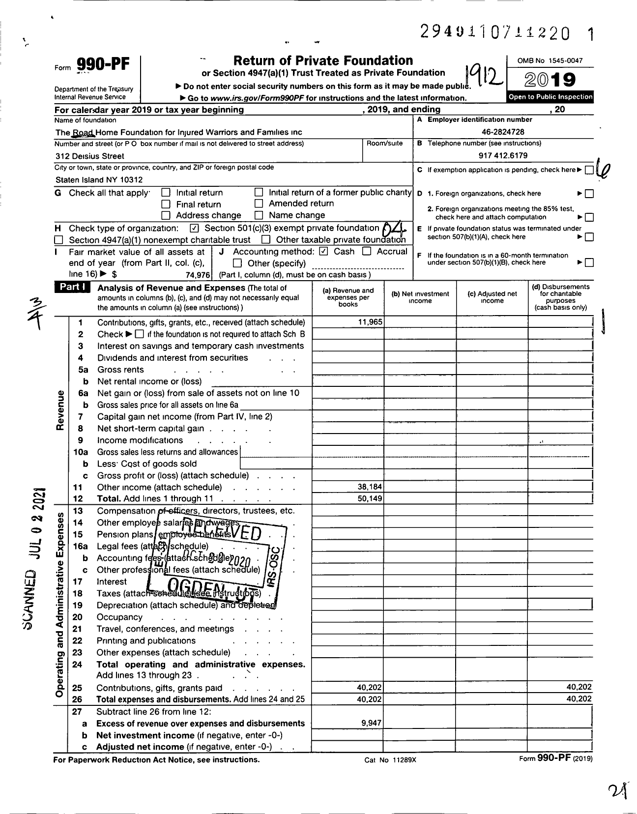 Image of first page of 2019 Form 990PF for Road Home Foundation for Injured Warriors and Families