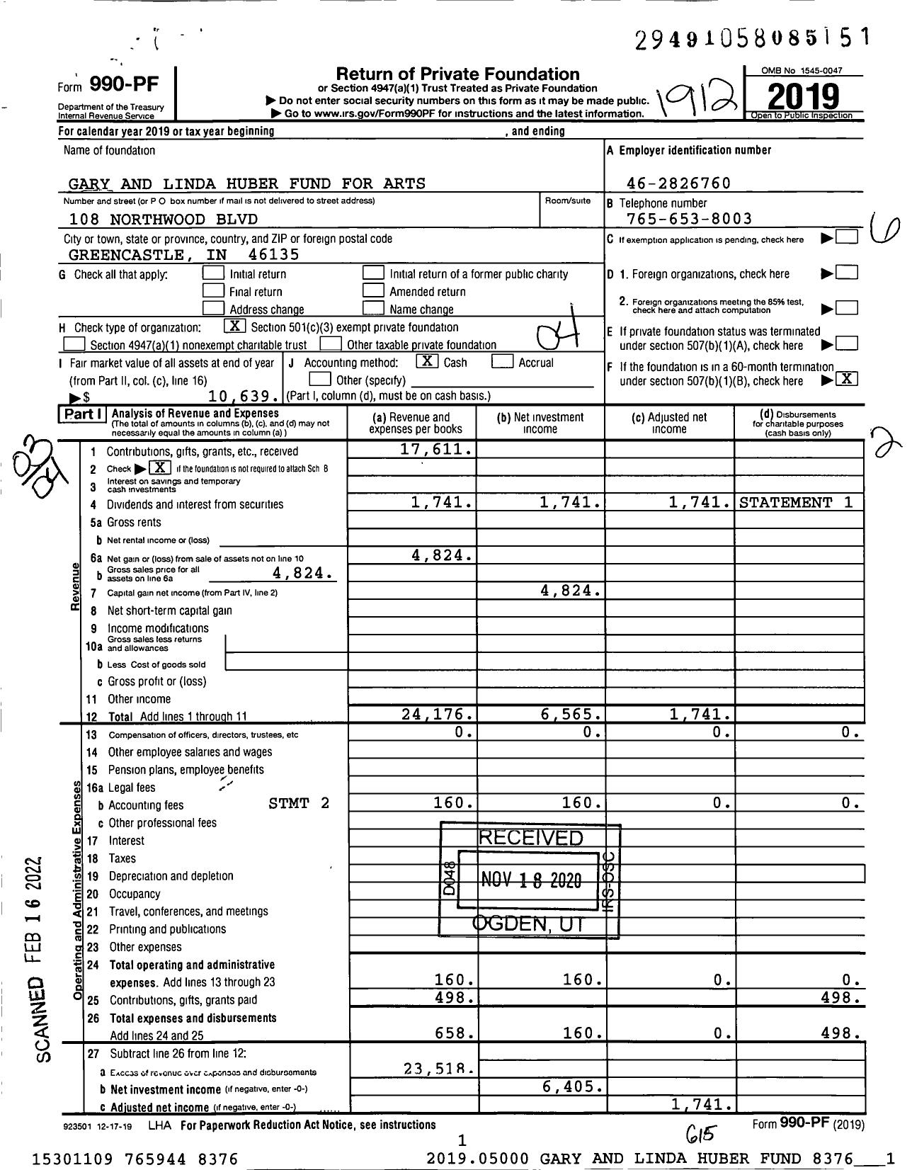 Image of first page of 2019 Form 990PF for Gary and Linda Huber Fund for Arts and Learning