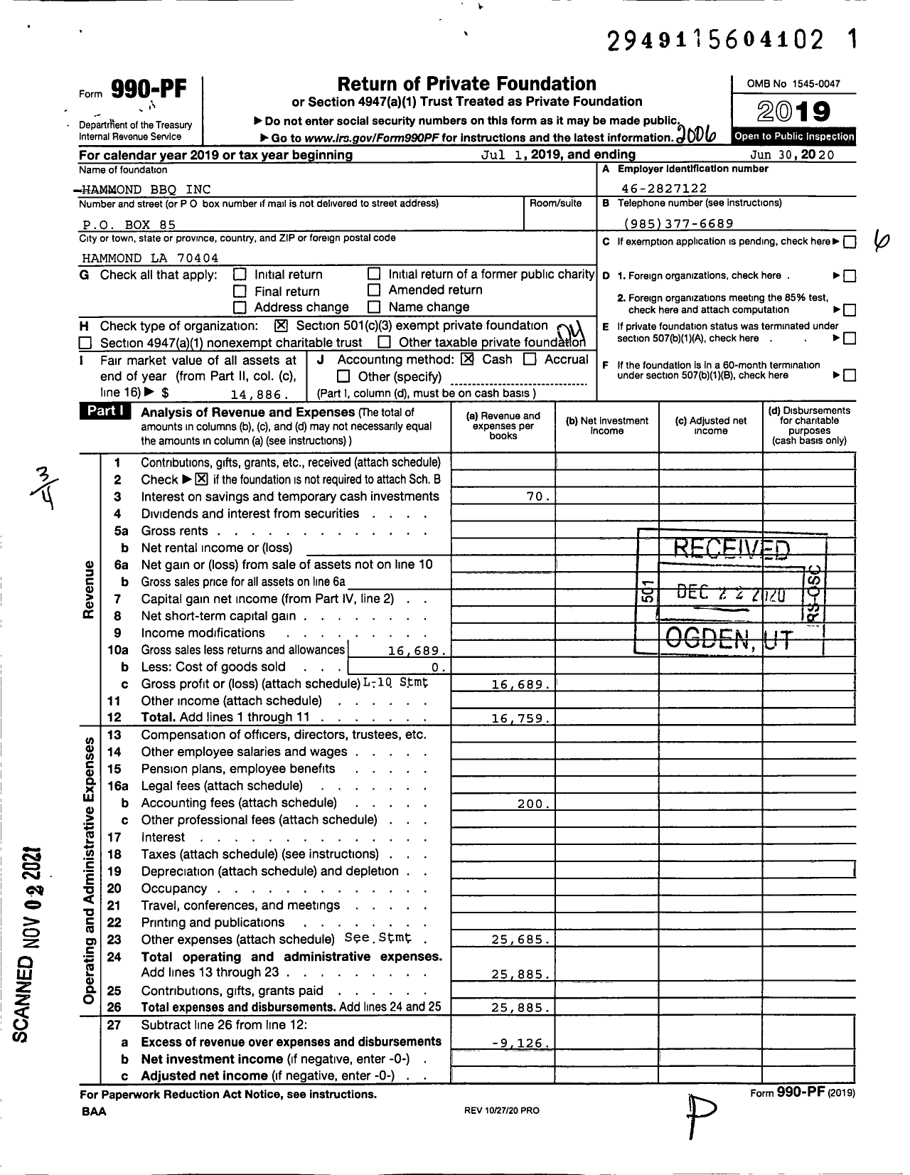 Image of first page of 2019 Form 990PF for Hammond BBQ
