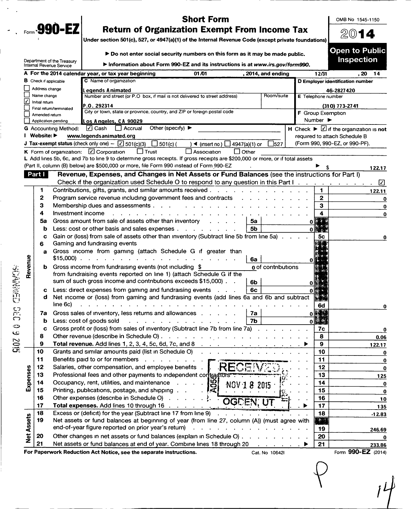 Image of first page of 2014 Form 990EZ for Legends Animated