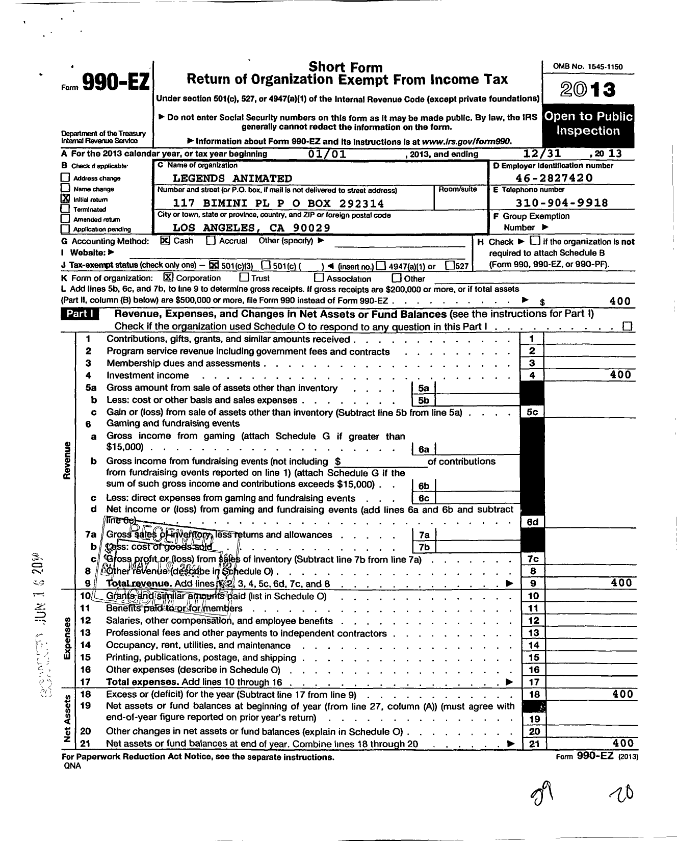 Image of first page of 2013 Form 990EZ for Legends Animated