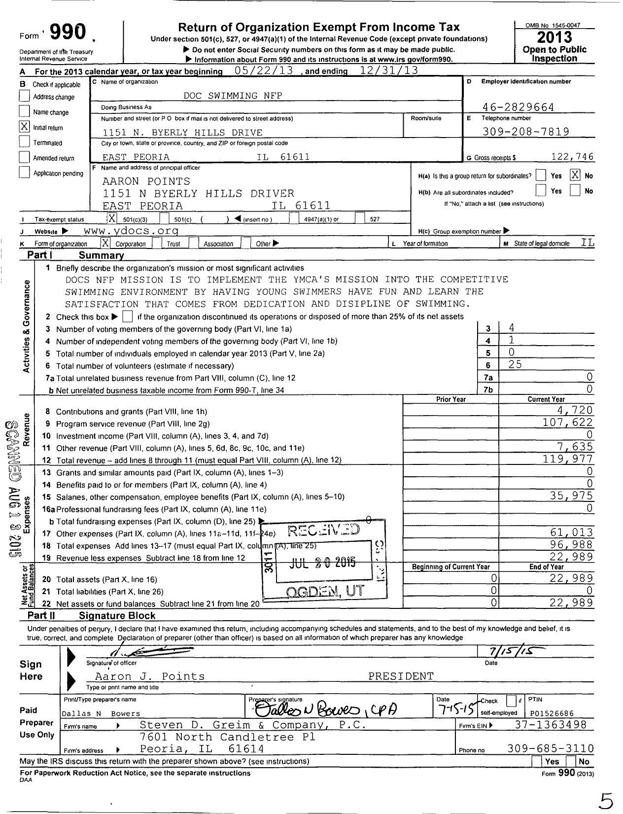 Image of first page of 2013 Form 990 for Doc Swimming NFP