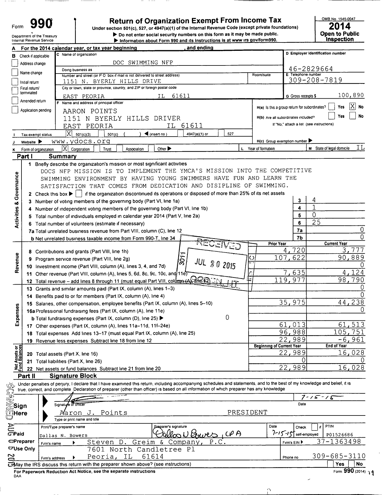 Image of first page of 2014 Form 990 for Doc Swimming NFP