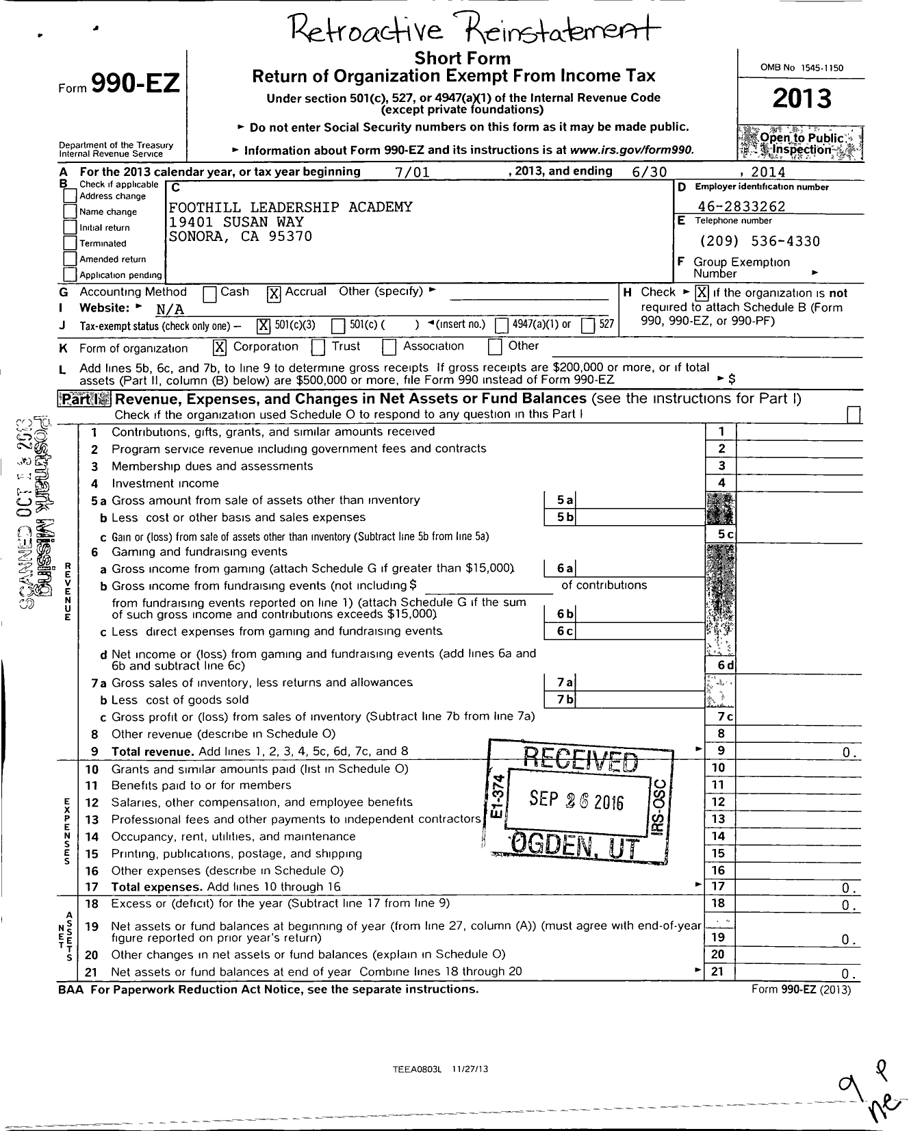 Image of first page of 2013 Form 990EZ for Foothill Leadership Academy