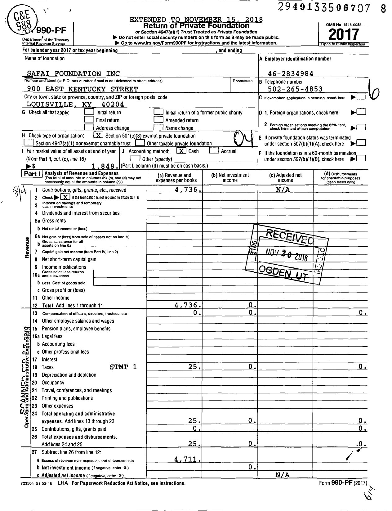 Image of first page of 2017 Form 990PF for Safai Foundation