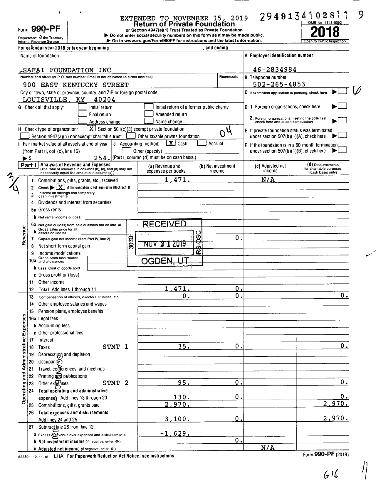 Image of first page of 2018 Form 990PF for Safai Foundation