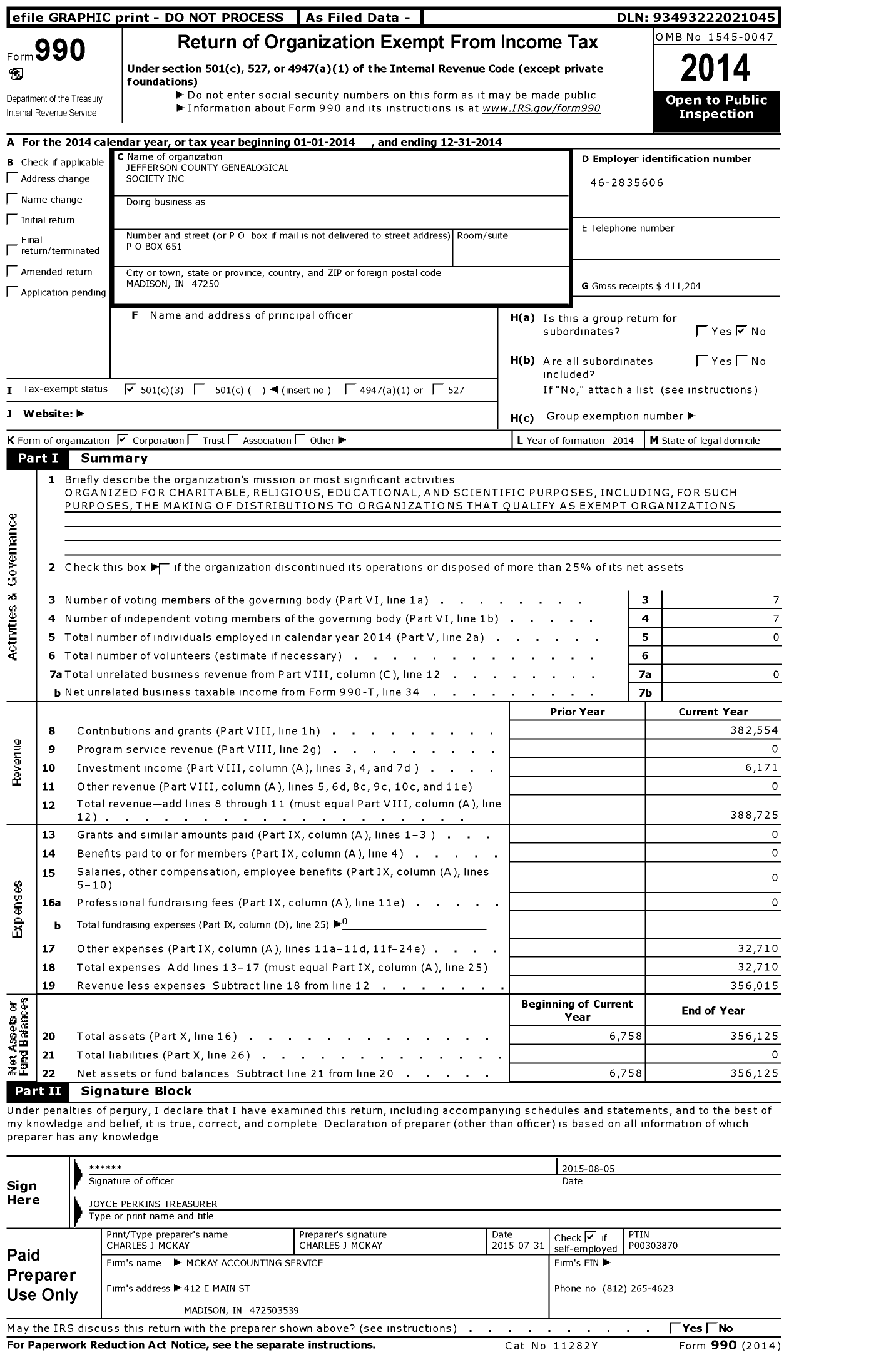 Image of first page of 2014 Form 990 for Jefferson County Genealogical Society