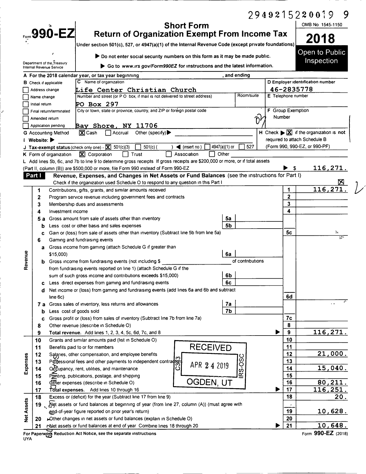 Image of first page of 2018 Form 990EZ for Life Center Christian Church