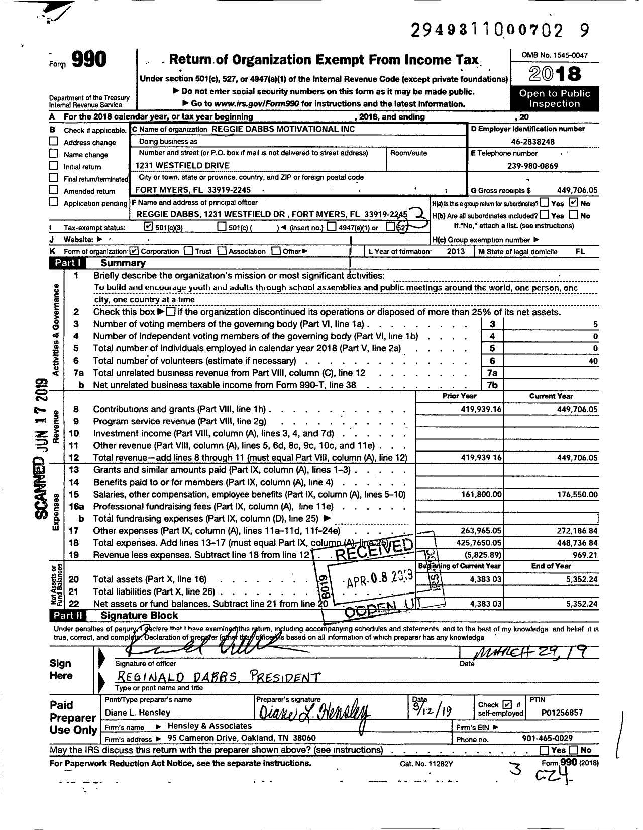 Image of first page of 2018 Form 990 for Reggie Dabbs Motivational