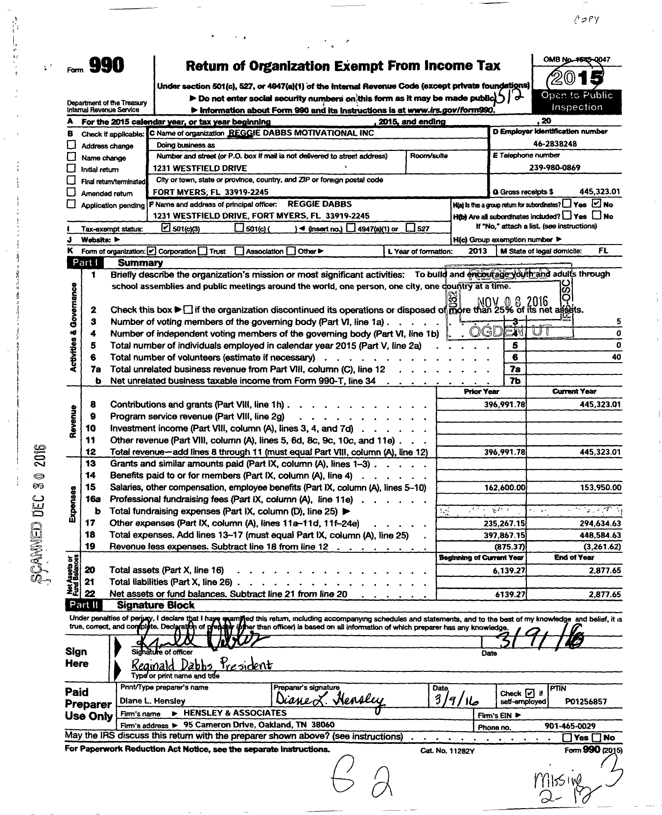 Image of first page of 2015 Form 990 for Reggie Dabbs Motivational